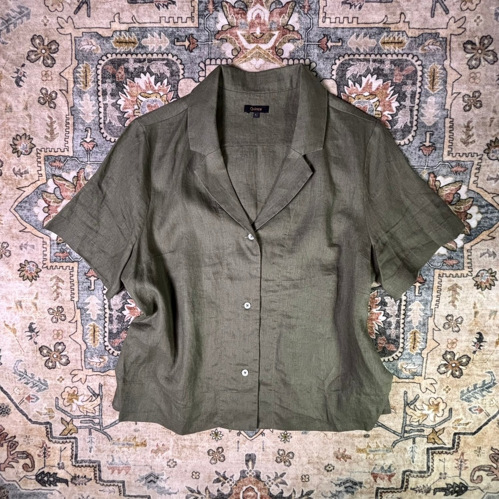 Quince 100% European Linen Short Sleeve Notch Lapel Shirt Olive Green Large Fall